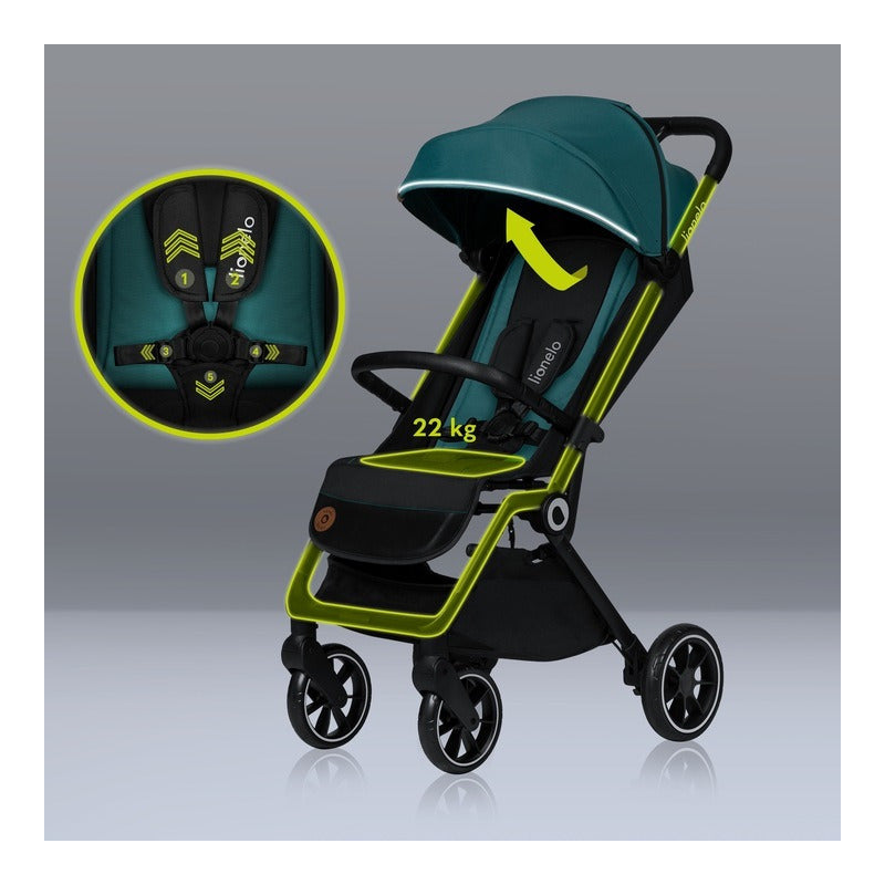 Carucior sport, Lionelo, Cloe, Cu accesorii, Cadru din aluminiu, Pana la 22 kg, Usor, Pliere compacta pentru avion, cu o singura mana, Ideal pentru toate tipurile de suprafete, 6 luni+, Verde Smarald - gogobaby.ro