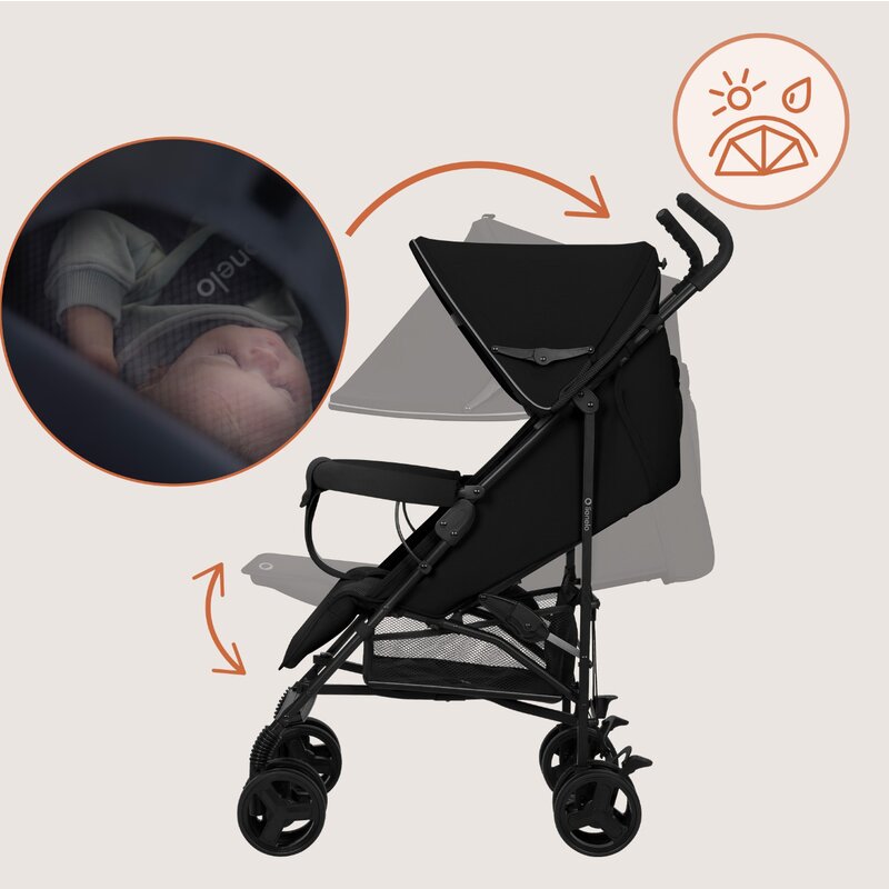 Carucior sport, Lionelo, Elia, Cu plasa de tantari, Suport de picioare reglabil, Spatar ajustabil in 4 pozitii, Capotina XXL, Pliere tip umbrela, Capacitate 15 kg, 6 luni+, EN 1888, Negru