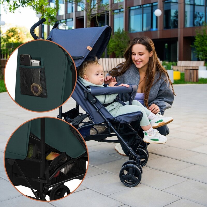 Carucior sport, Lionelo, Elia, Cu plasa de tantari, Suport de picioare reglabil, Spatar ajustabil in 4 pozitii, Capotina XXL, Pliere tip umbrela, Capacitate 15 kg, 6 luni+, EN 1888, Verde grafit