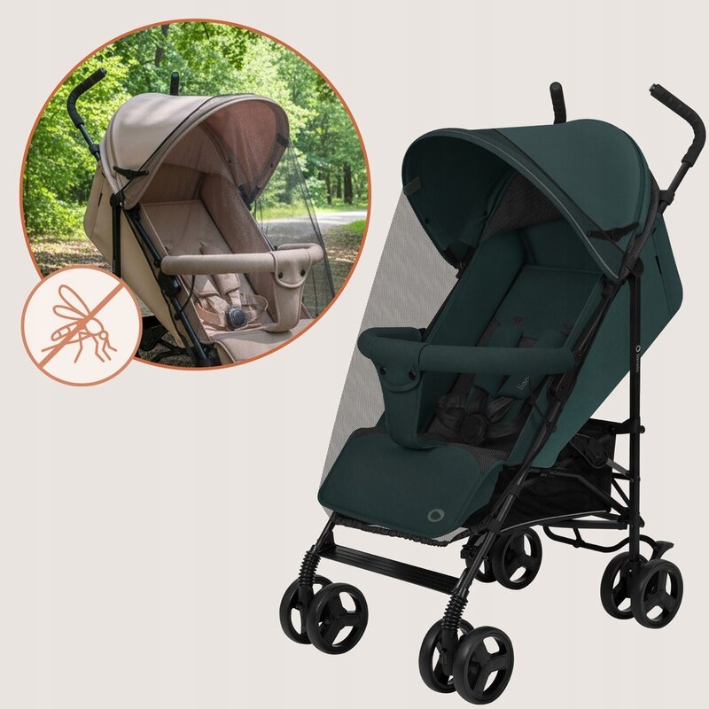 Carucior sport, Lionelo, Elia, Cu plasa de tantari, Suport de picioare reglabil, Spatar ajustabil in 4 pozitii, Capotina XXL, Pliere tip umbrela, Capacitate 15 kg, 6 luni+, EN 1888, Verde grafit