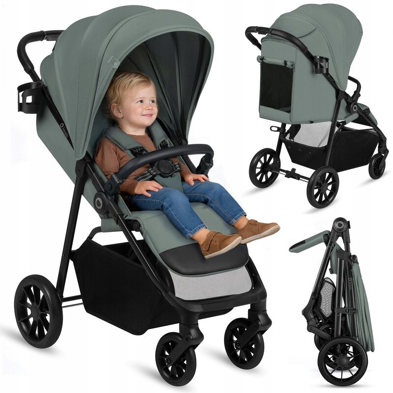 Carucior sport, Lionelo, Emerald, Pliere cu o mana, Copertina XXL UPF50+, Spatar reglabil, Suspensie completa, Roti EVA, 6- 48 luni, Pana la 22 kg, Verde