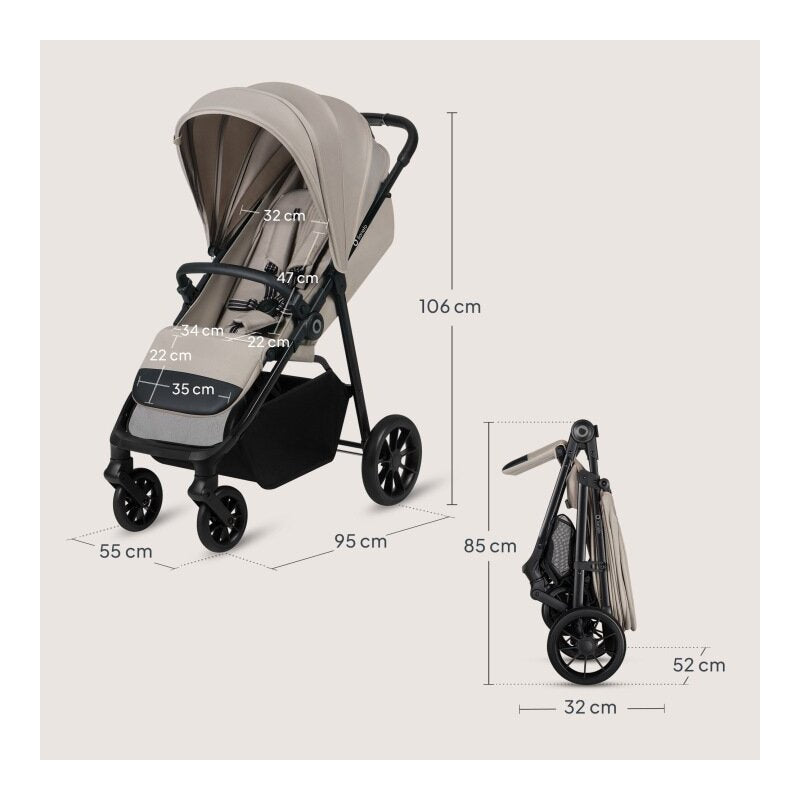 Carucior sport, Lionelo, Emerald, Pliere cu o mana, Copertina XXL UPF50+, Spatar reglabil, Suspensie completa, Roti EVA, 6- 48 luni, Pana la 22 kg, Bej