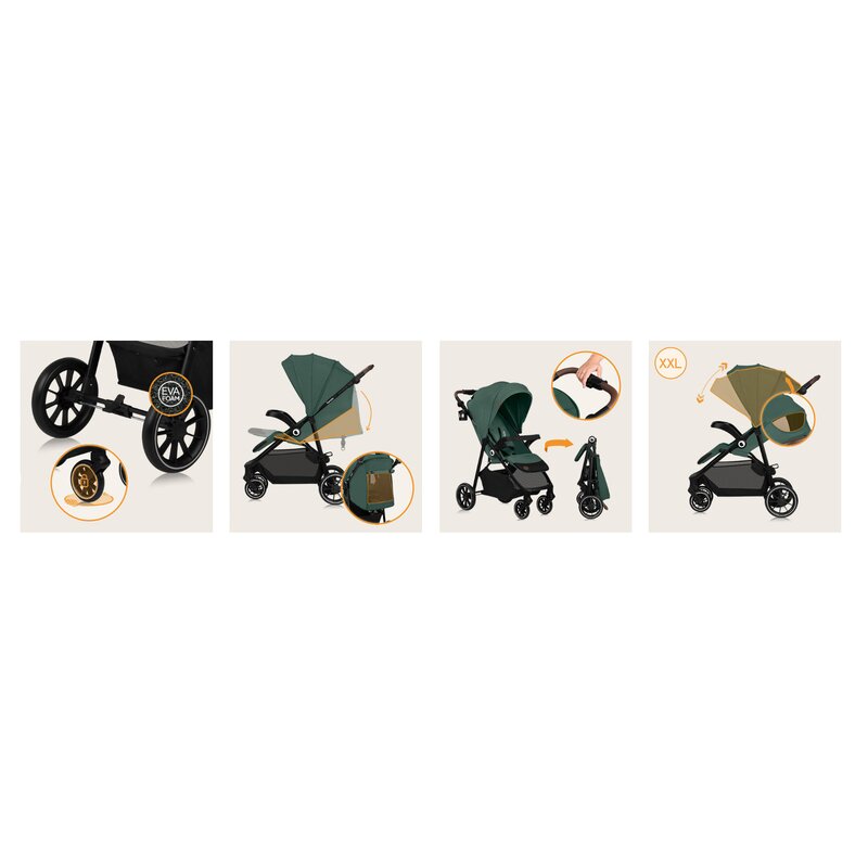 Carucior sport, Lionelo, Emma One, Cu tavita, Suport pahar, Plasa de tantari, Roti EVA, Maner reglabil, Pana la 22 kg, 6 luni+, Conform cu EN1888-1, Verde - gogobaby.ro