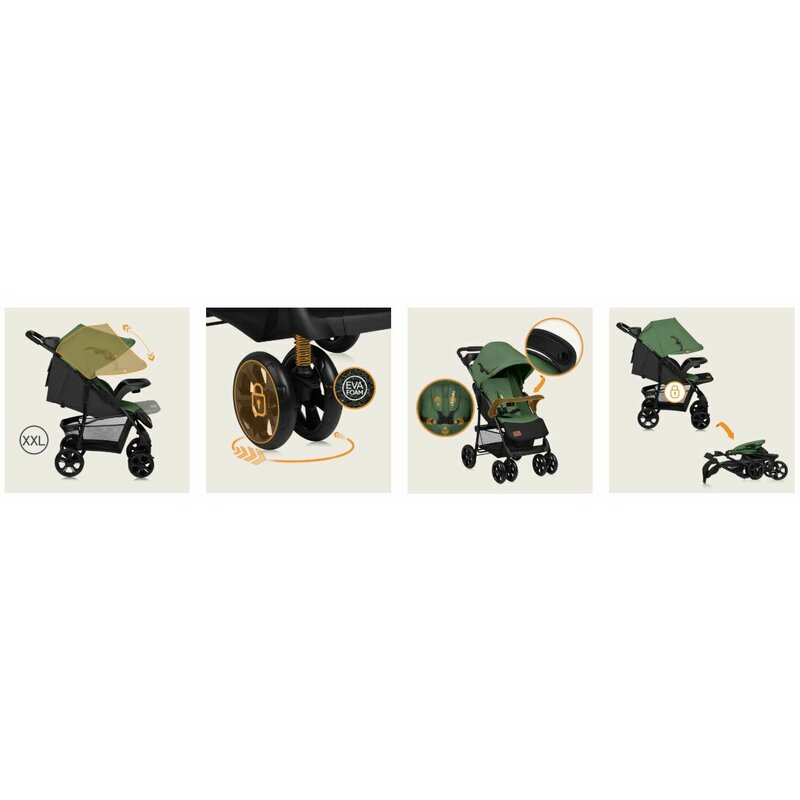 Carucior sport, Lionelo, Emma Plus, Cu tavita, 2 Suporturi pentru pahar, Geanta accesorii, Conform cu standardul european de securitate EN1888-1, Verde - gogobaby.ro