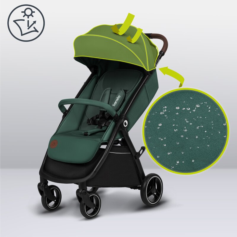 Carucior sport, Lionelo, Ingrid, Capotina impermeabila cu filtru UPF50+, Pana la 22 Kg, Spatar reglabil in 3 pozitii, Include suport pahar si plasa de tantari, Sistem pentru pliere automata, 6 luni+, Verde
