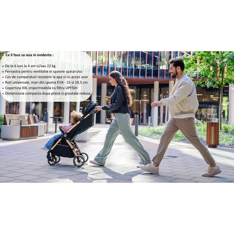 Carucior sport, Lionelo, Ingrid, Capotina impermeabila cu filtru UPF50+, Pana la 22 Kg, Spatar reglabil in 3 pozitii, Include suport pahar si plasa de tantari, Sistem pentru pliere automata, 6 luni+, Negru