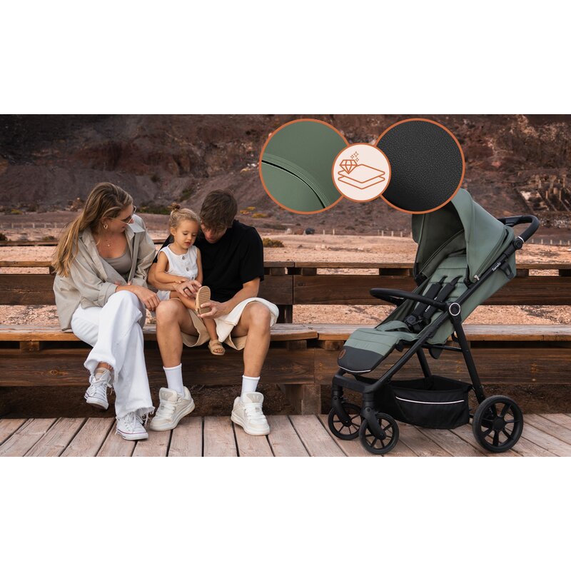 Carucior sport, Lionelo, Iva, Sustine 22 kg, 6 luni+, Capotina mare, Impermeabila, Protectie SPF 50+, 3 pozitii inclinare spatar, 8 pozitii inclinare suport picioare, 5 pozitii reglare maner, Include plasa de tantari si suport pt biberon, Verde