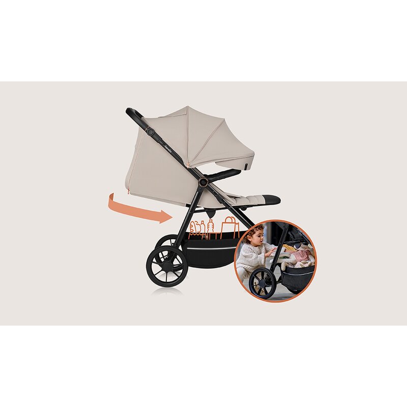 Carucior sport, Lionelo, Iva, Sustine 22 kg, 6 luni+, Capotina mare, Impermeabila, Protectie SPF 50+, 3 pozitii inclinare spatar, 8 pozitii inclinare suport picioare, 5 pozitii reglare maner, Include plasa de tantari si suport pentru biberon, Bej