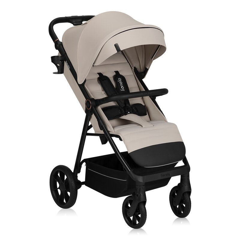 Carucior sport, Lionelo, Iva, Sustine 22 kg, 6 luni+, Capotina mare, Impermeabila, Protectie SPF 50+, 3 pozitii inclinare spatar, 8 pozitii inclinare suport picioare, 5 pozitii reglare maner, Include plasa de tantari si suport pentru biberon, Bej