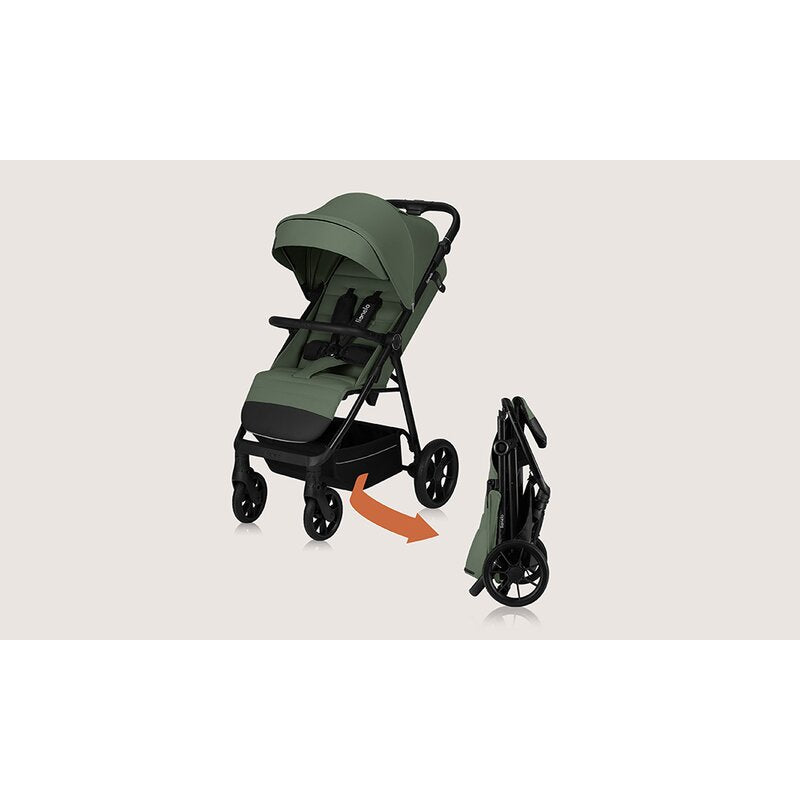 Carucior sport, Lionelo, Iva, Sustine 22 kg, 6 luni+, Capotina mare, Impermeabila, Protectie SPF 50+, 3 pozitii inclinare spatar, 8 pozitii inclinare suport picioare, 5 pozitii reglare maner, Include plasa de tantari si suport pt biberon, Verde