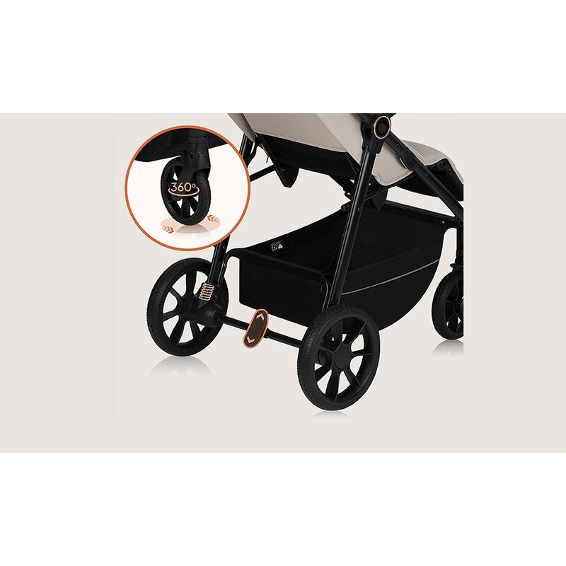 Carucior sport, Lionelo, Iva, Sustine 22 kg, 6 luni+, Capotina mare, Impermeabila, Protectie SPF 50+, 3 pozitii inclinare spatar, 8 pozitii inclinare suport picioare, 5 pozitii reglare maner, Include plasa de tantari si suport pentru biberon, Bej