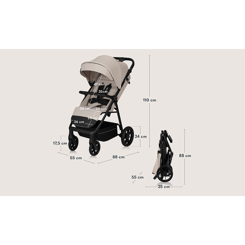 Carucior sport, Lionelo, Iva, Sustine 22 kg, 6 luni+, Capotina mare, Impermeabila, Protectie SPF 50+, 3 pozitii inclinare spatar, 8 pozitii inclinare suport picioare, 5 pozitii reglare maner, Include plasa de tantari si suport pentru biberon, Bej