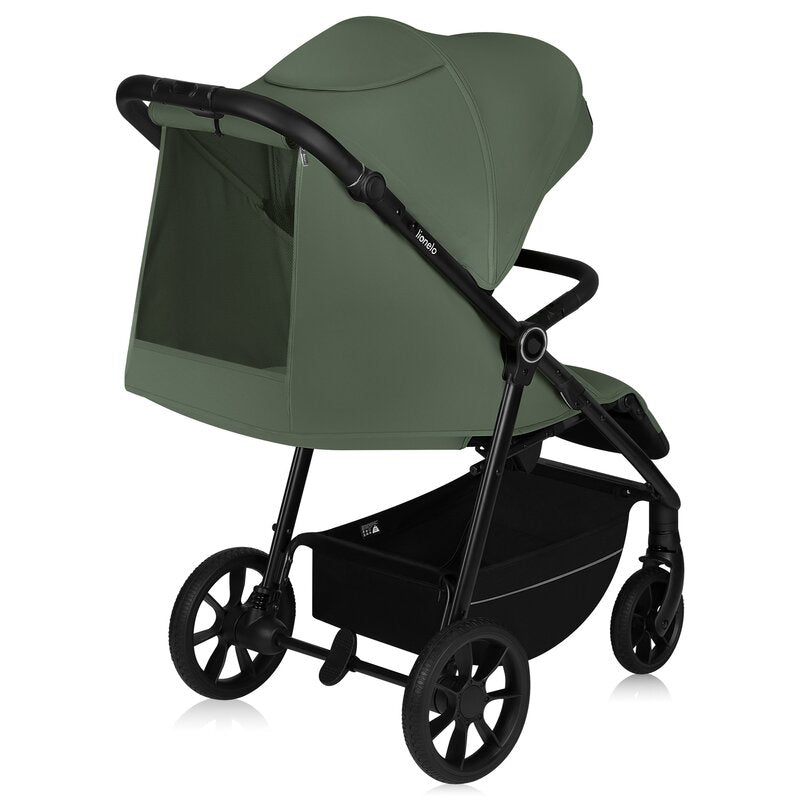 Carucior sport, Lionelo, Iva, Sustine 22 kg, 6 luni+, Capotina mare, Impermeabila, Protectie SPF 50+, 3 pozitii inclinare spatar, 8 pozitii inclinare suport picioare, 5 pozitii reglare maner, Include plasa de tantari si suport pt biberon, Verde