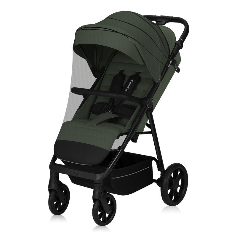 Carucior sport, Lionelo, Iva, Sustine 22 kg, 6 luni+, Capotina mare, Impermeabila, Protectie SPF 50+, 3 pozitii inclinare spatar, 8 pozitii inclinare suport picioare, 5 pozitii reglare maner, Include plasa de tantari si suport pt biberon, Verde