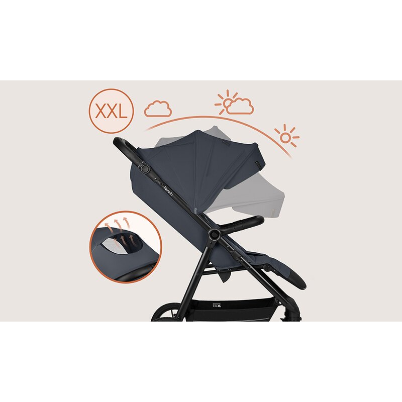 Carucior sport, Lionelo, Iva, Sustine 22 kg, 6 luni+, Capotina mare, Impermeabila, Protectie SPF 50+, 3 pozitii inclinare spatar, 8 pozitii inclinare suport picioare, 5 pozitii reglare maner, Include plasa de tantari si suport pentru biberon, Gri