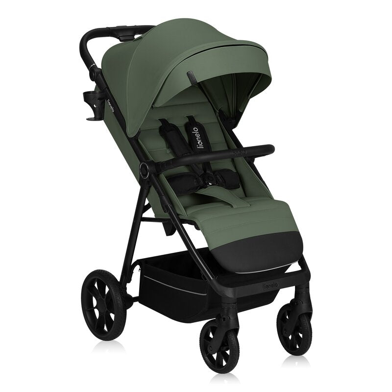 Carucior sport, Lionelo, Iva, Sustine 22 kg, 6 luni+, Capotina mare, Impermeabila, Protectie SPF 50+, 3 pozitii inclinare spatar, 8 pozitii inclinare suport picioare, 5 pozitii reglare maner, Include plasa de tantari si suport pt biberon, Verde