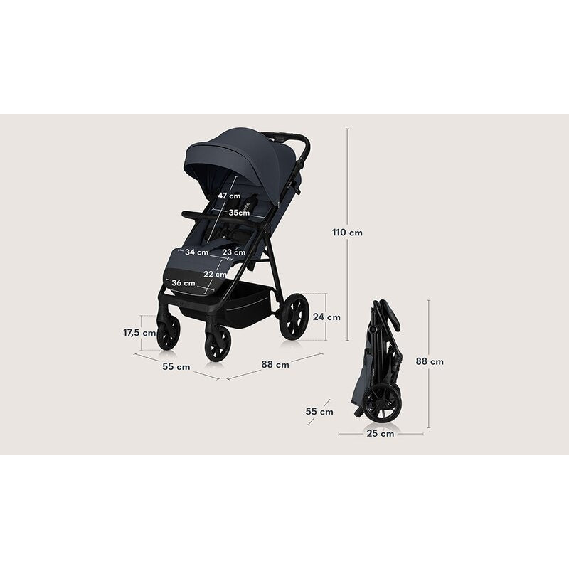 Carucior sport, Lionelo, Iva, Sustine 22 kg, 6 luni+, Capotina mare, Impermeabila, Protectie SPF 50+, 3 pozitii inclinare spatar, 8 pozitii inclinare suport picioare, 5 pozitii reglare maner, Include plasa de tantari si suport pentru biberon, Gri