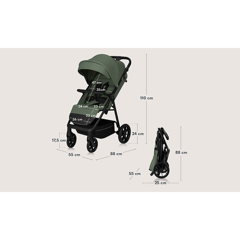 Carucior sport, Lionelo, Iva, Sustine 22 kg, 6 luni+, Capotina mare, Impermeabila, Protectie SPF 50+, 3 pozitii inclinare spatar, 8 pozitii inclinare suport picioare, 5 pozitii reglare maner, Include plasa de tantari si suport pt biberon, Verde
