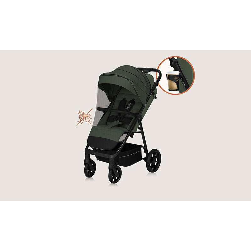 Carucior sport, Lionelo, Iva, Sustine 22 kg, 6 luni+, Capotina mare, Impermeabila, Protectie SPF 50+, 3 pozitii inclinare spatar, 8 pozitii inclinare suport picioare, 5 pozitii reglare maner, Include plasa de tantari si suport pt biberon, Verde