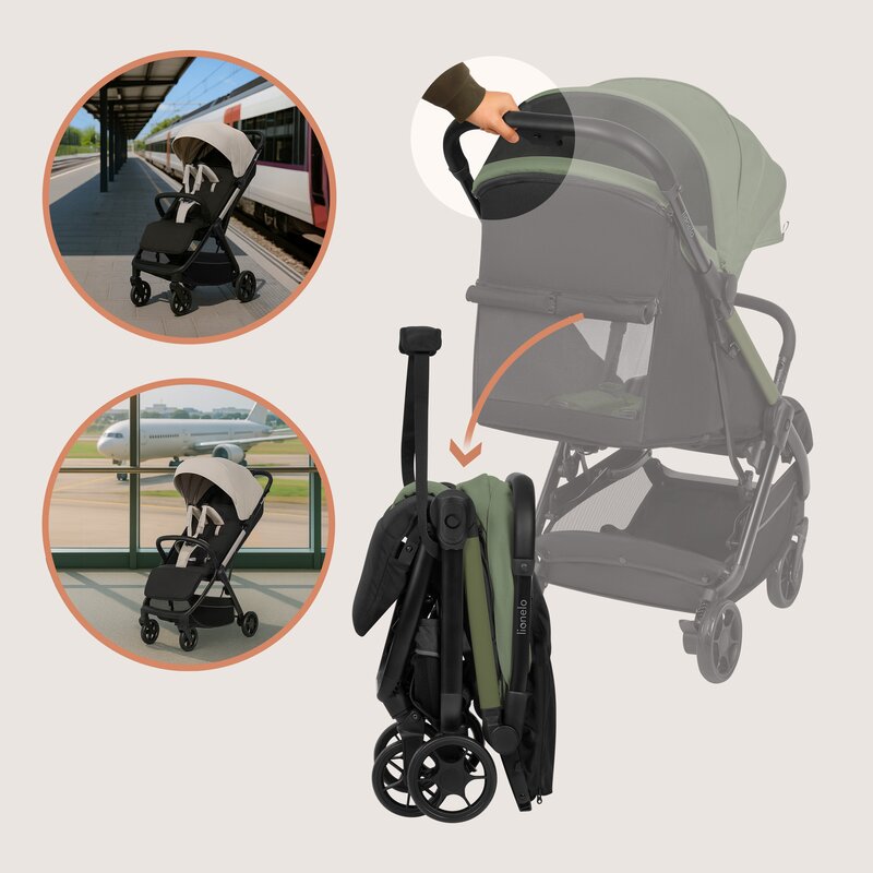Carucior sport, Lionelo, Julie Air, Greutate redusa - 7.5 kg, Sustine 22 kg, 6 luni+, Capotina impermeabila, Protectie SPF 50+, Include suport sticla, Pliere compacta pentru calatorii, Conform cu EN1888-1 si EN1888-2, Verde Sage