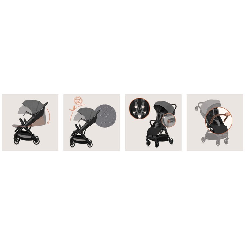 Carucior sport, Lionelo, Julie Air, Greutate redusa - 7.5 kg, Sustine 22 kg, 6 luni+, Capotina impermeabila, Protectie SPF 50+, Include suport sticla, Pliere compacta pentru calatorii, Conform cu EN1888-1 si EN1888-2, Gri - gogobaby.ro