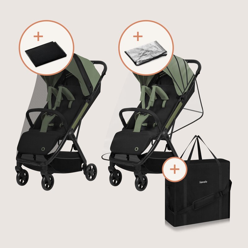 Carucior sport, Lionelo, Julie Air, Greutate redusa - 7.5 kg, Sustine 22 kg, 6 luni+, Capotina impermeabila, Protectie SPF 50+, Include suport sticla, Pliere compacta pentru calatorii, Conform cu EN1888-1 si EN1888-2, Verde Sage