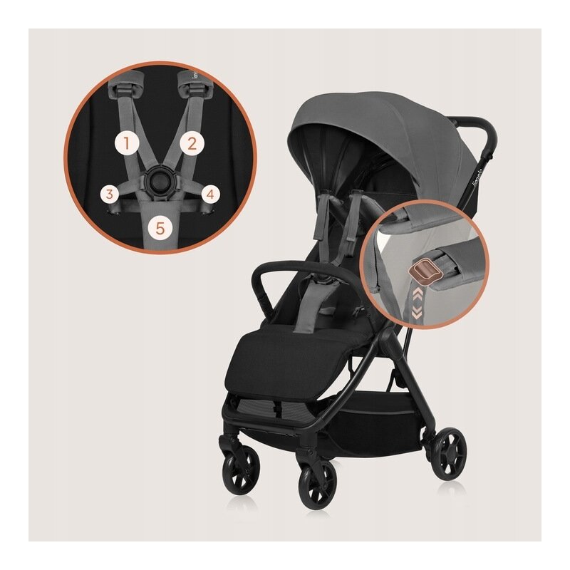 Carucior sport, Lionelo, Julie Air, Greutate redusa - 7.5 kg, Sustine 22 kg, 6 luni+, Capotina impermeabila, Protectie SPF 50+, Include suport sticla, Pliere compacta pentru calatorii, Conform cu EN1888-1 si EN1888-2, Gri - gogobaby.ro