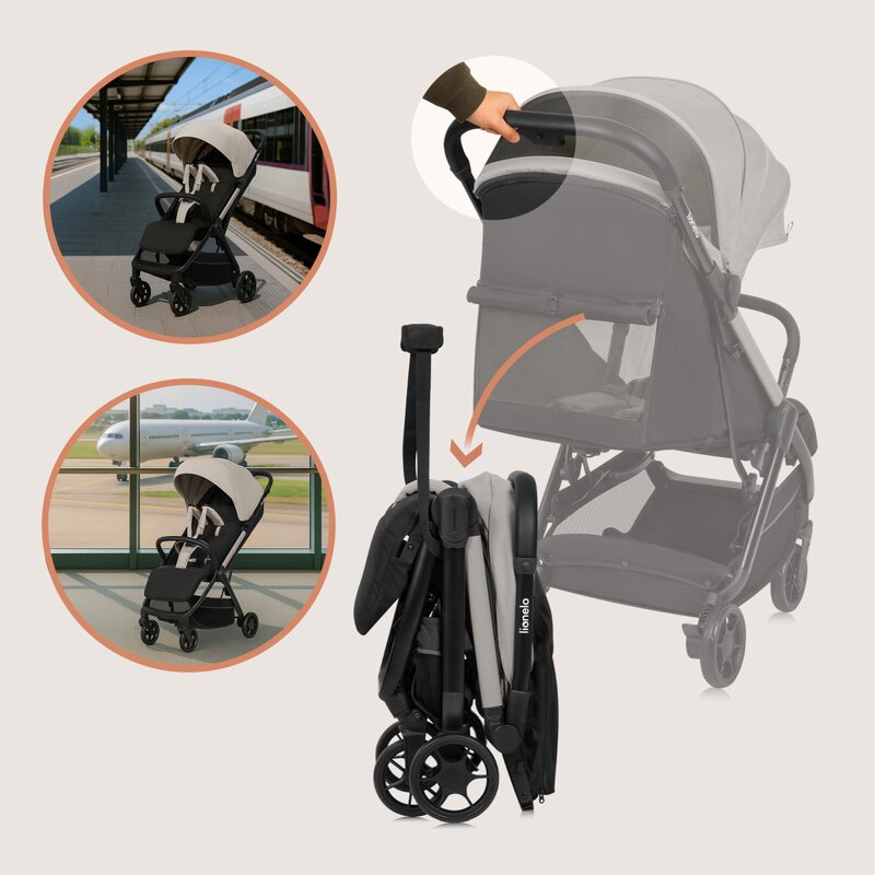 Carucior sport, Lionelo, Julie Air, Greutate redusa - 7.5 kg, Sustine 22 kg, 6 luni+, Capotina impermeabila, Protectie SPF 50+, Include suport sticla, Pliere compacta pentru calatorii, Conform cu EN1888-1 si EN1888-2, Bej - gogobaby.ro