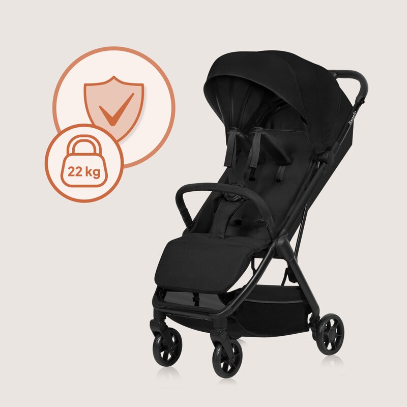 Carucior sport, Lionelo, Julie Air, Greutate redusa - 7.5 kg, Sustine 22 kg, 6 luni+, Capotina impermeabila, Protectie SPF 50+, Include suport sticla, Pliere compacta pentru calatorii, Conform cu EN1888-1 si EN1888-2, Negu Onyx - gogobaby.ro