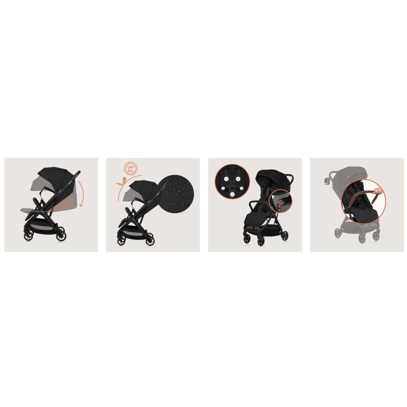 Carucior sport, Lionelo, Julie Air, Greutate redusa - 7.5 kg, Sustine 22 kg, 6 luni+, Capotina impermeabila, Protectie SPF 50+, Include suport sticla, Pliere compacta pentru calatorii, Conform cu EN1888-1 si EN1888-2, Negu Onyx - gogobaby.ro
