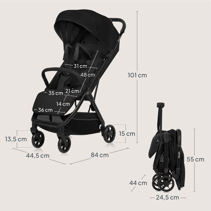 Carucior sport, Lionelo, Julie Air, Greutate redusa - 7.5 kg, Sustine 22 kg, 6 luni+, Capotina impermeabila, Protectie SPF 50+, Include suport sticla, Pliere compacta pentru calatorii, Conform cu EN1888-1 si EN1888-2, Negu Onyx - gogobaby.ro