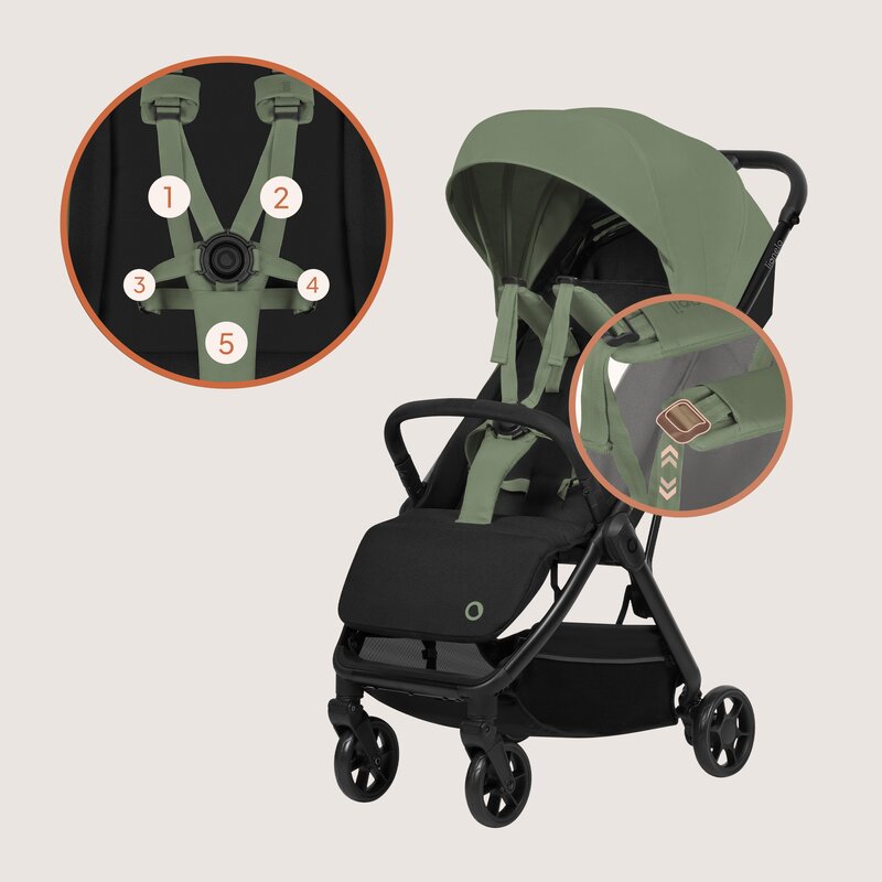 Carucior sport, Lionelo, Julie Air, Greutate redusa - 7.5 kg, Sustine 22 kg, 6 luni+, Capotina impermeabila, Protectie SPF 50+, Include suport sticla, Pliere compacta pentru calatorii, Conform cu EN1888-1 si EN1888-2, Verde Sage