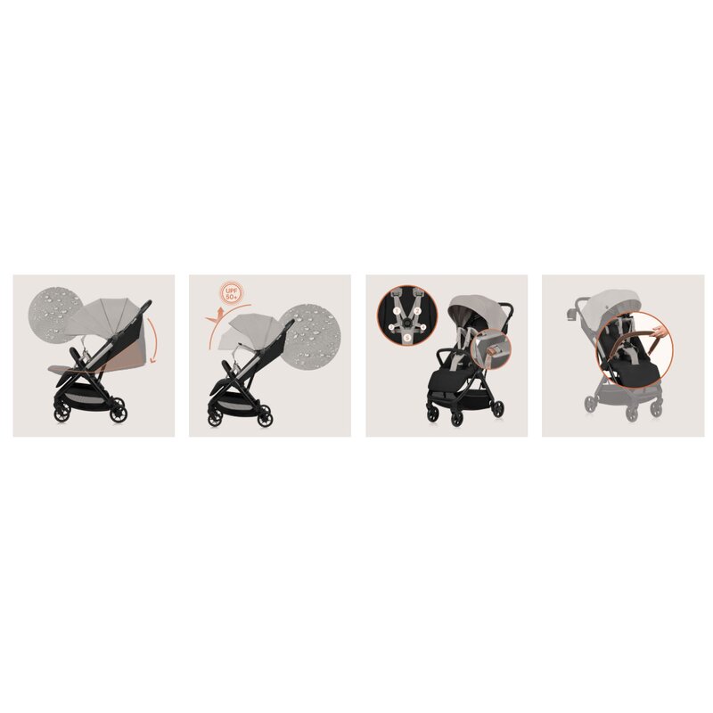 Carucior sport, Lionelo, Julie Air, Greutate redusa - 7.5 kg, Sustine 22 kg, 6 luni+, Capotina impermeabila, Protectie SPF 50+, Include suport sticla, Pliere compacta pentru calatorii, Conform cu EN1888-1 si EN1888-2, Bej - gogobaby.ro