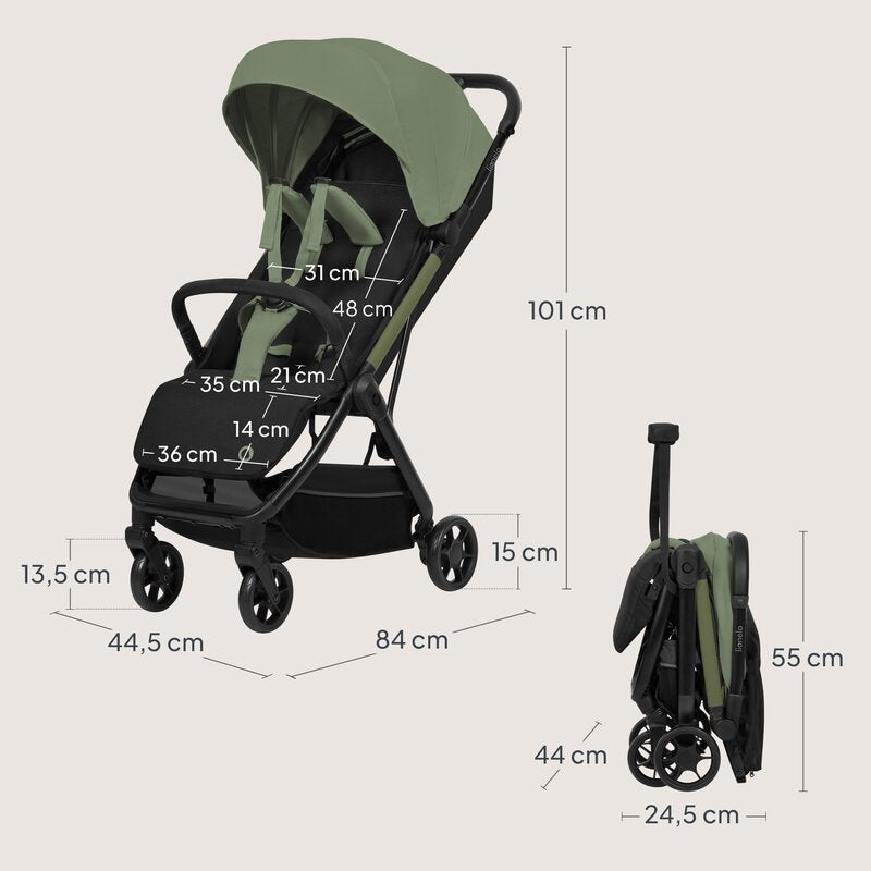 Carucior sport, Lionelo, Julie Air, Greutate redusa - 7.5 kg, Sustine 22 kg, 6 luni+, Capotina impermeabila, Protectie SPF 50+, Include suport sticla, Pliere compacta pentru calatorii, Conform cu EN1888-1 si EN1888-2, Verde Sage
