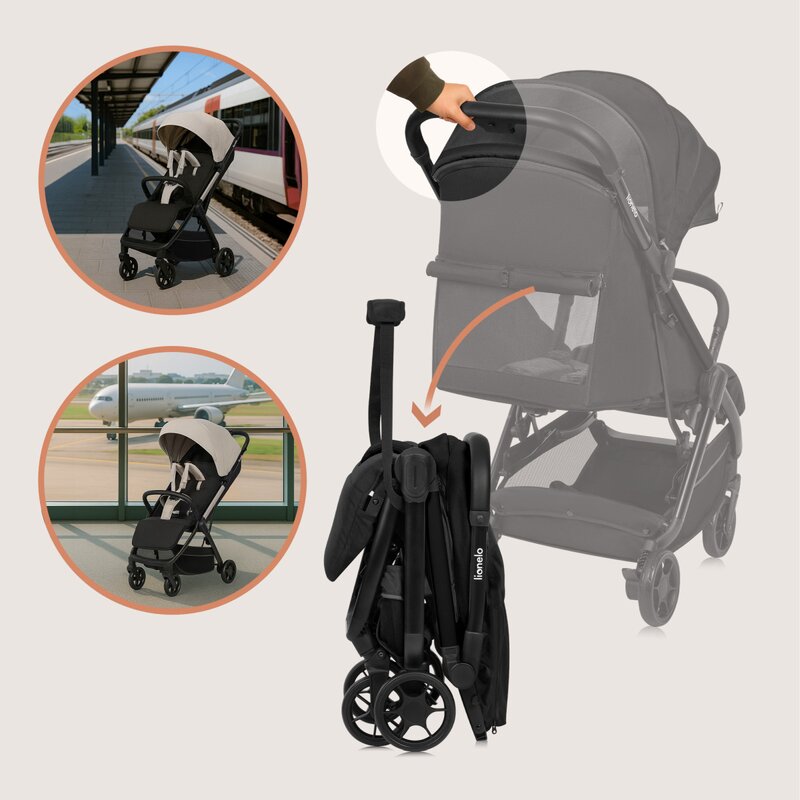 Carucior sport, Lionelo, Julie Air, Greutate redusa - 7.5 kg, Sustine 22 kg, 6 luni+, Capotina impermeabila, Protectie SPF 50+, Include suport sticla, Pliere compacta pentru calatorii, Conform cu EN1888-1 si EN1888-2, Negu Onyx - gogobaby.ro