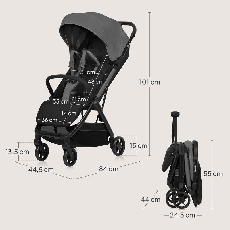 Carucior sport, Lionelo, Julie Air, Greutate redusa - 7.5 kg, Sustine 22 kg, 6 luni+, Capotina impermeabila, Protectie SPF 50+, Include suport sticla, Pliere compacta pentru calatorii, Conform cu EN1888-1 si EN1888-2, Gri