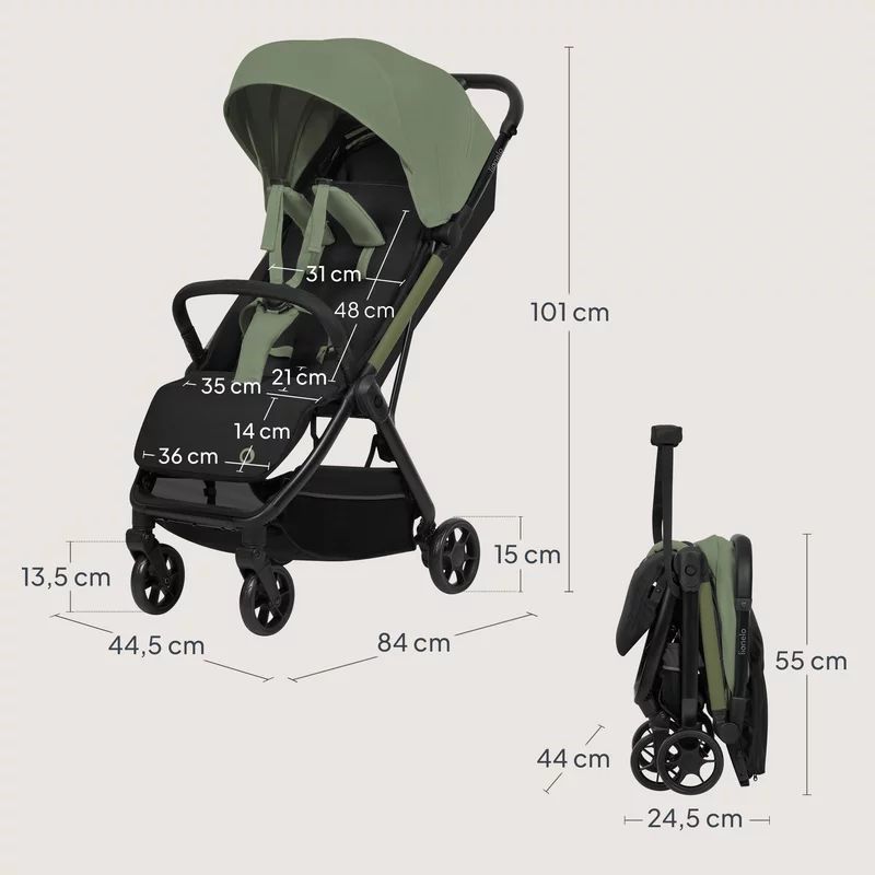 Carucior sport, Lionelo, Julie Air, Greutate redusa - 7.5 kg, Sustine 22 kg, 6 luni+, Capotina impermeabila, Protectie SPF 50+, Include suport sticla, Pliere compacta pentru calatorii, Conform cu EN1888-1 si EN1888-2, Verde Sage