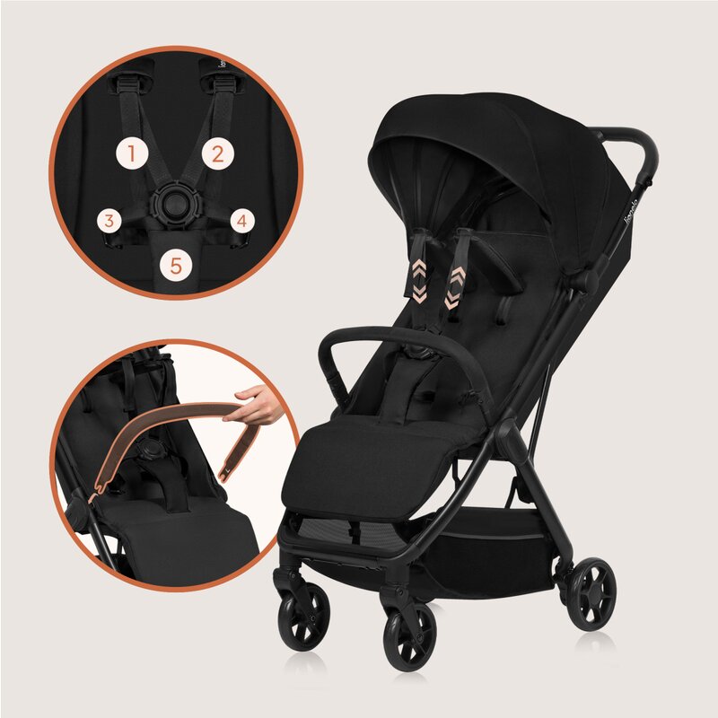 Carucior sport, Lionelo, Julie Air, Greutate redusa - 7.5 kg, Sustine 22 kg, 6 luni+, Capotina impermeabila, Protectie SPF 50+, Include suport sticla, Pliere compacta pentru calatorii, Conform cu EN1888-1 si EN1888-2, Negu Onyx - gogobaby.ro