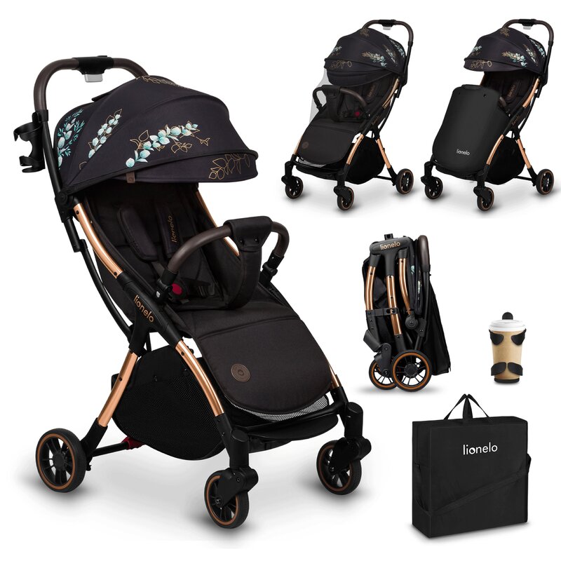 Carucior sport, Lionelo, Julie One, Editie limitata Golden Moments, De la nastere, Greutate redusa, Cu accesorii, Cadru din aluminiu, 0-22 kg, Pliere compacta pentru avion, Conform cu standardele europene de securitate EN1888-1 si EN1888-2, Negru