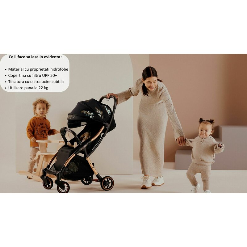 Carucior sport, Lionelo, Julie One, Editie limitata Golden Moments, De la nastere, Greutate redusa, Cu accesorii, Cadru din aluminiu, 0-22 kg, Pliere compacta pentru avion, Conform cu standardele europene de securitate EN1888-1 si EN1888-2, Negru