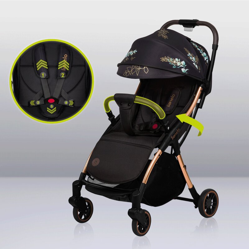 Carucior sport, Lionelo, Julie One, Editie limitata Golden Moments, De la nastere, Greutate redusa, Cu accesorii, Cadru din aluminiu, 0-22 kg, Pliere compacta pentru avion, Conform cu standardele europene de securitate EN1888-1 si EN1888-2, Negru