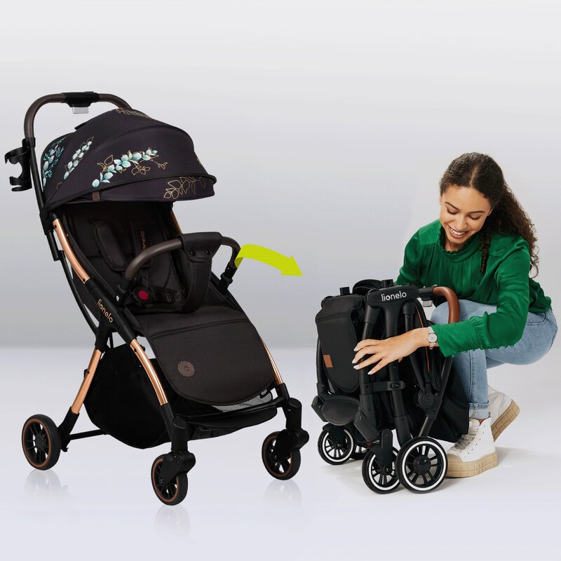 Carucior sport, Lionelo, Julie One, Editie limitata Golden Moments, De la nastere, Greutate redusa, Cu accesorii, Cadru din aluminiu, 0-22 kg, Pliere compacta pentru avion, Conform cu standardele europene de securitate EN1888-1 si EN1888-2, Negru