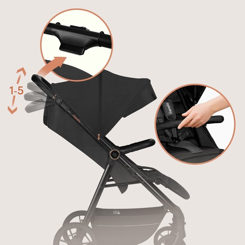 Carucior sport, Lionelo, Mira, Maner reglabil in 5 pozitii, Spatar si suport de picioare reglabile, Plasa de tantari si suport biberon incluse, Pana la 22 kg, 6 luni+, Conform cu EN1888-1, EN1888-2, Testare SGS, Negru - gogobaby.ro
