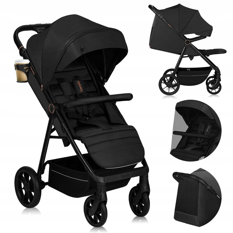 Carucior sport, Lionelo, Mira, Maner reglabil in 5 pozitii, Spatar si suport de picioare reglabile, Plasa de tantari si suport biberon incluse, Pana la 22 kg, 6 luni+, Conform cu EN1888-1, EN1888-2, Testare SGS, Negru - gogobaby.ro