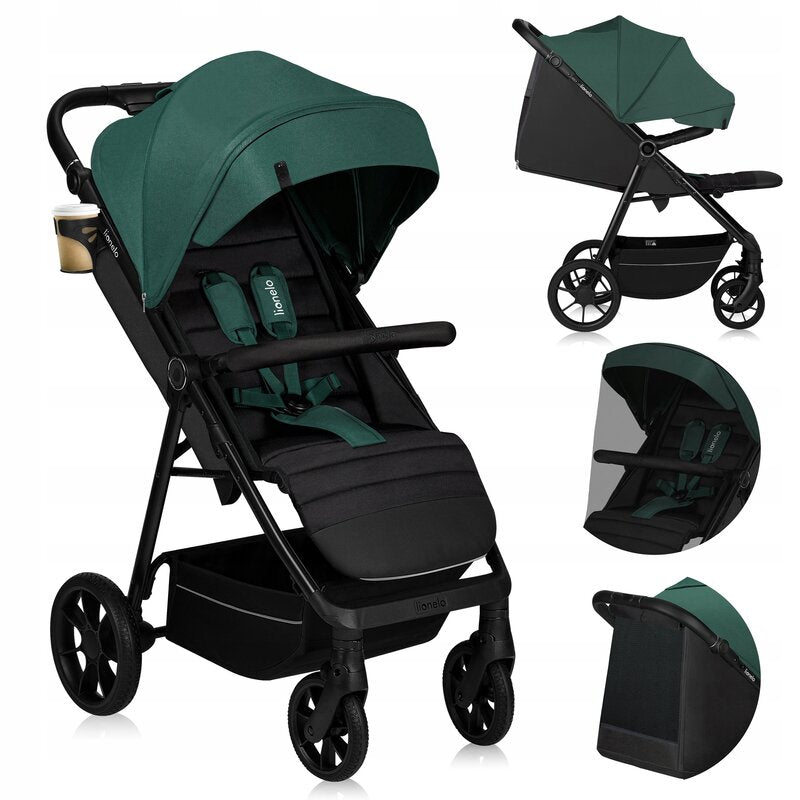 Carucior sport, Lionelo, Mira, Maner reglabil in 5 pozitii, Spatar si suport de picioare reglabile, Plasa de tantari si suport biberon incluse, Pana la 22 kg, 6 luni+, Conform cu EN1888-1, EN1888-2, Testare SGS, Verde