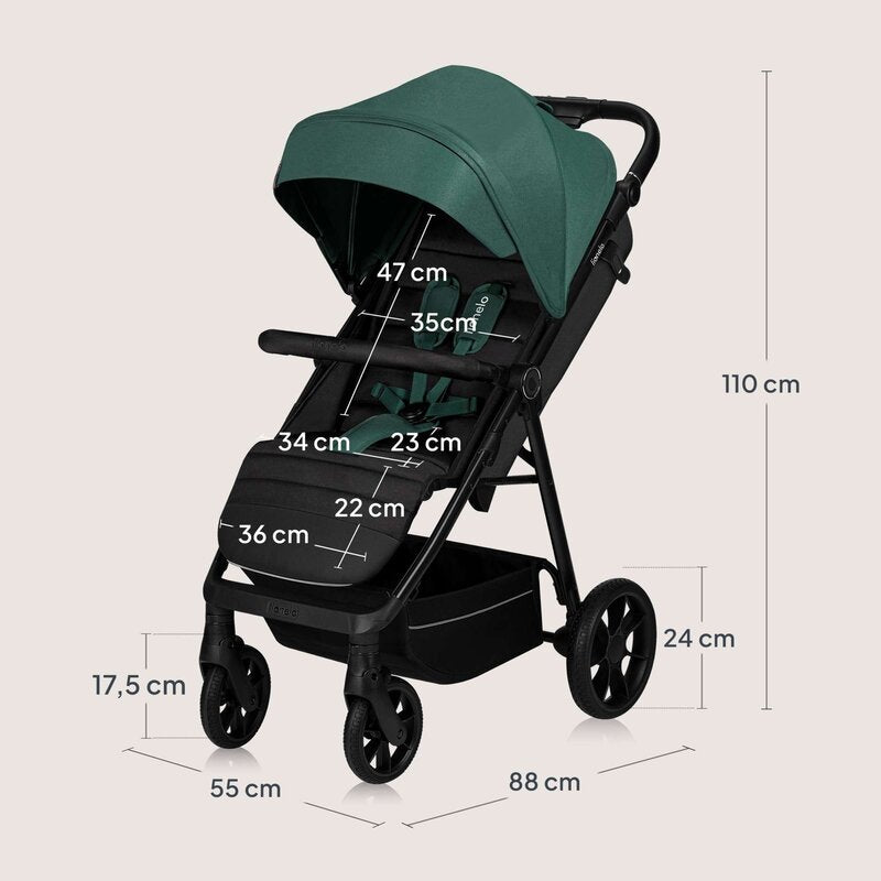 Carucior sport, Lionelo, Mira, Maner reglabil in 5 pozitii, Spatar si suport de picioare reglabile, Plasa de tantari si suport biberon incluse, Pana la 22 kg, 6 luni+, Conform cu EN1888-1, EN1888-2, Testare SGS, Verde - gogobaby.ro