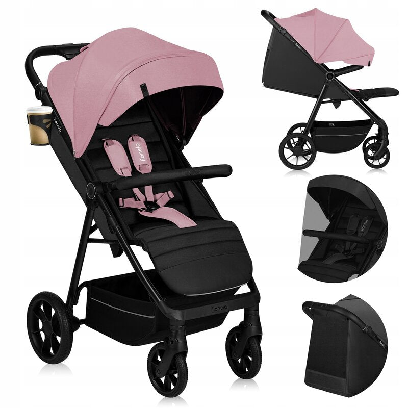 Carucior sport, Lionelo, Mira, Maner reglabil in 5 pozitii, Spatar si suport de picioare reglabile, Plasa de tantari si suport biberon incluse, Pana la 22 kg, 6 luni+, Conform cu EN1888-1, EN1888-2, Testare SGS, Roz - gogobaby.ro