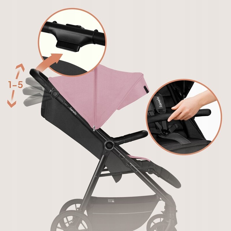 Carucior sport, Lionelo, Mira, Maner reglabil in 5 pozitii, Spatar si suport de picioare reglabile, Plasa de tantari si suport biberon incluse, Pana la 22 kg, 6 luni+, Conform cu EN1888-1, EN1888-2, Testare SGS, Roz - gogobaby.ro