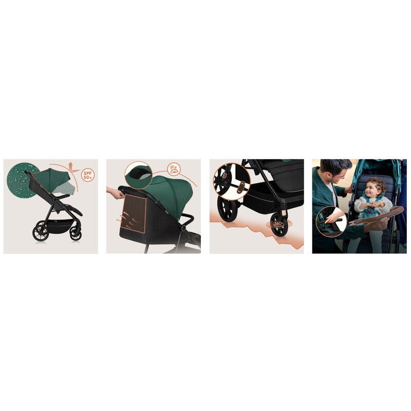 Carucior sport, Lionelo, Mira, Maner reglabil in 5 pozitii, Spatar si suport de picioare reglabile, Plasa de tantari si suport biberon incluse, Pana la 22 kg, 6 luni+, Conform cu EN1888-1, EN1888-2, Testare SGS, Verde - gogobaby.ro
