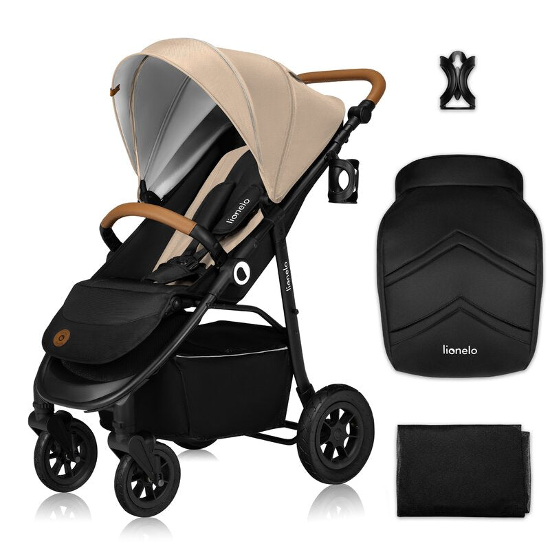 Carucior sport, Lionelo, Natt, De la nastere, Cu accesorii si capotina XXL reglabila, 0 - 22 kg, Conform cu standardele europene de securitate EN1888-1, EN1888-2, Bej
